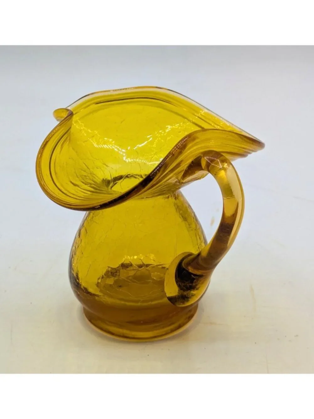 Vintage Hand Blown Crackle Glass Yellow Amber Mini Pitcher Creamer 3